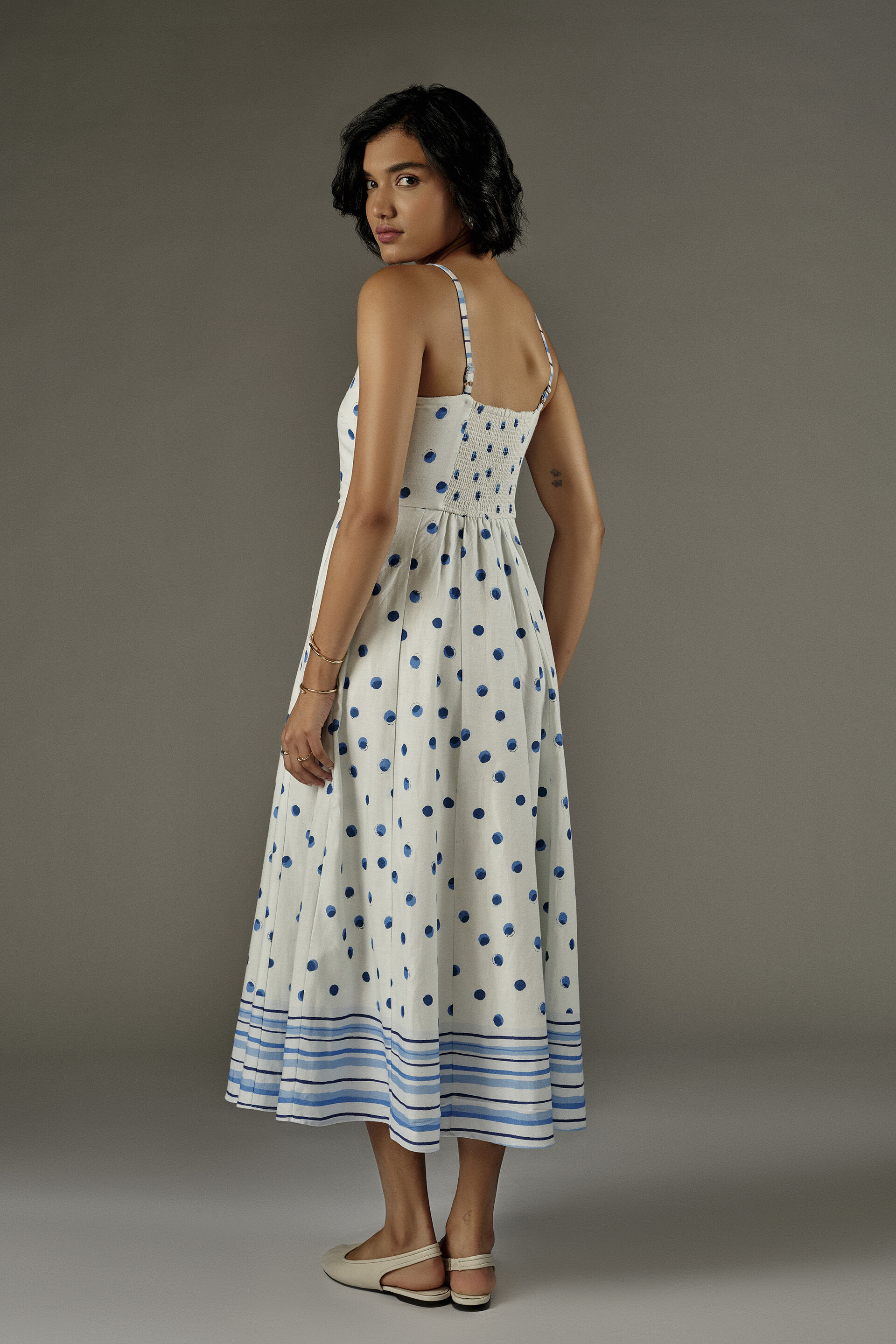 Polka Dot A-line Midi Dress in White, White, image 6